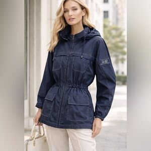 Escada Sport Navy Blue Hooded Rain Jacket Windbreaker L